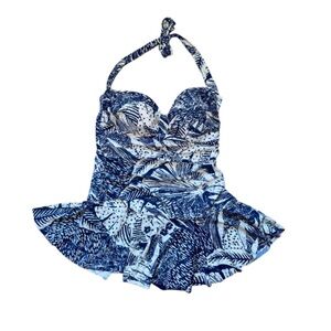 Blue Patterned Women's Halter One Piece Swimsuit